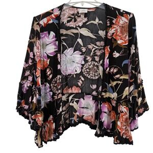 Knox Rose Womens Black Floral Kimono Cardigan Open Front Lightweight Size L